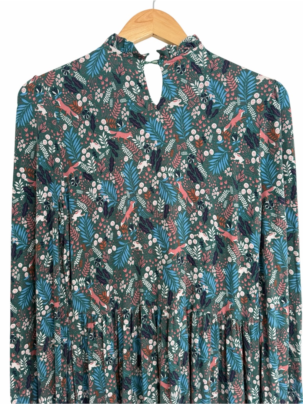 BODEN Woodland Frolic Green Floral Fox Bunny Print Long Sleeve Dress Sz 10 - Picture 8 of 10